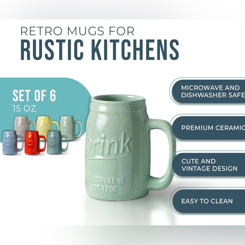 Set of 6 Mason Jar Mug 15Oz Ceramic Microwave safe Party Farmhouse Decor Vintage - Picture 3 of 5